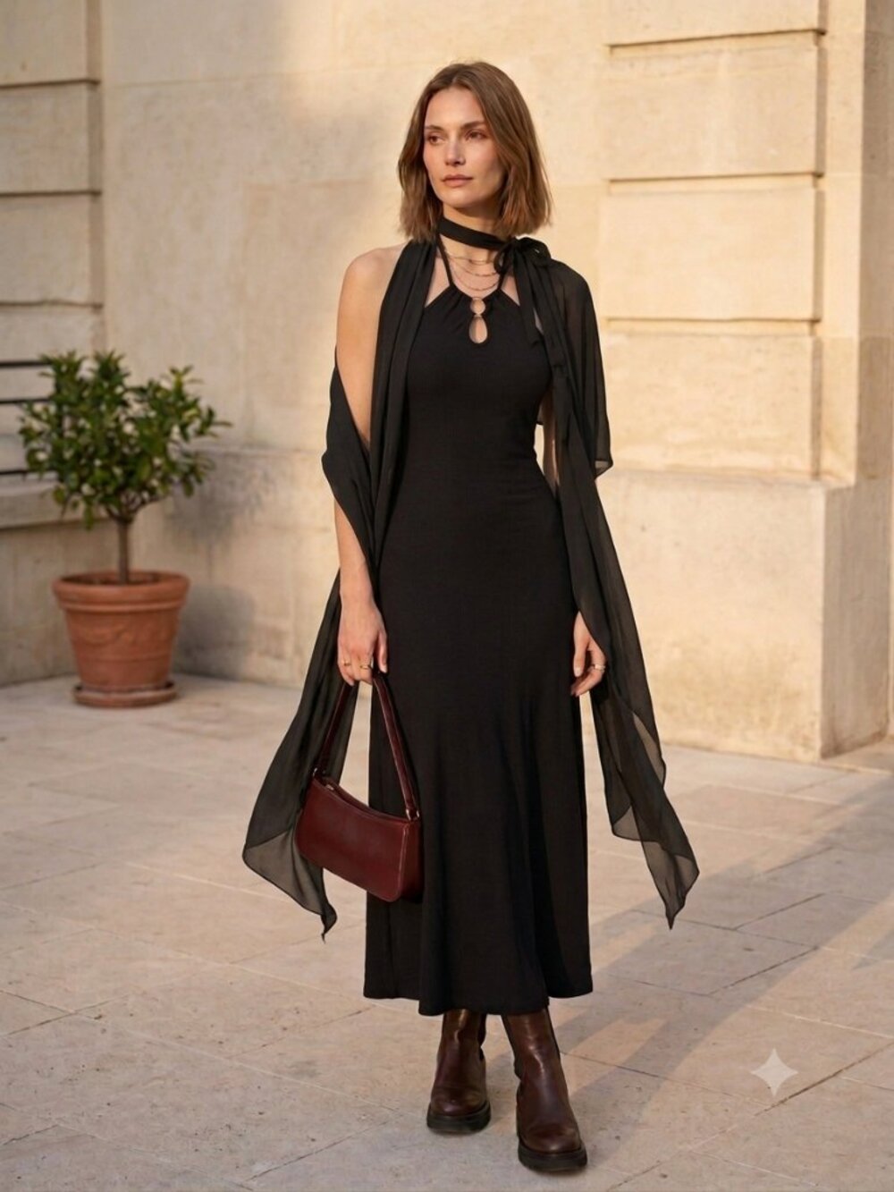 Salwa Owens Black Ribbed Avant-Garde Maxi Dress O-Ring Halter Knit Gown Size S